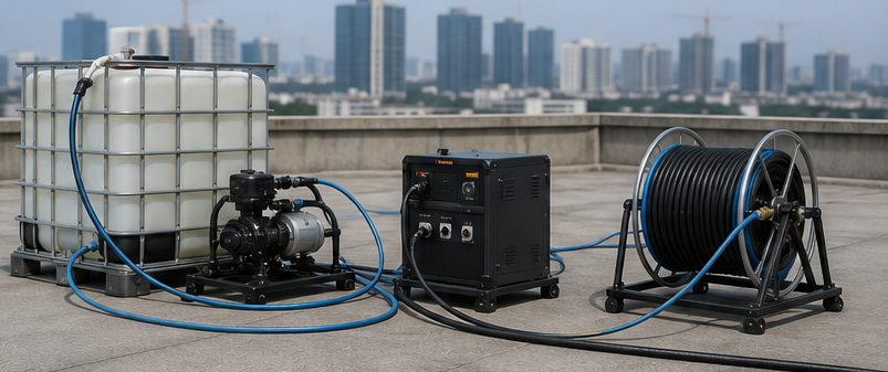 Ground power and paint pump unit with tether